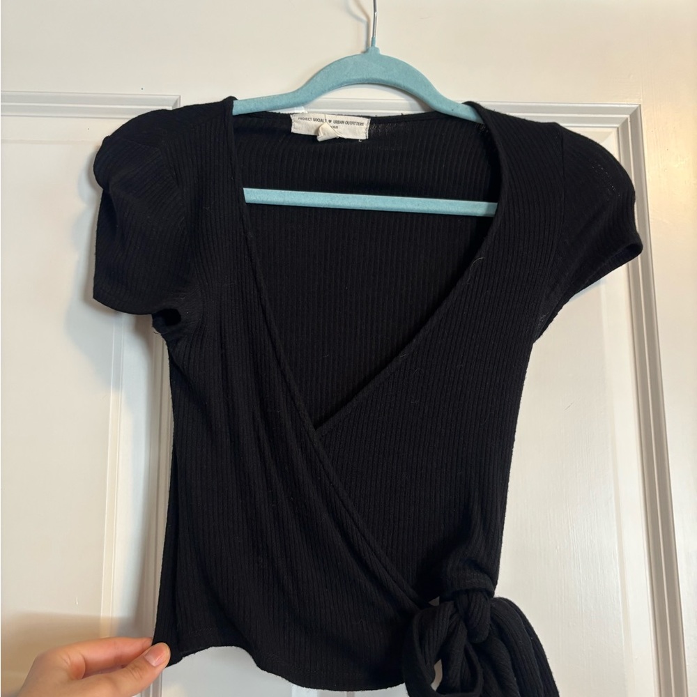 Urban Outfitters Black Ribbed Wrap Crop Top
